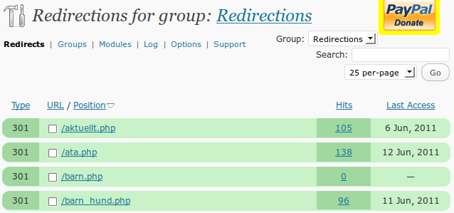 Skärmbild av Redirection, en plugin till WordPress för att omdirigera gamla länkar till inlägg och sidor.
